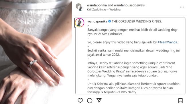 Detail cincin pernikahan Sabrina Chairunnisa dan Deddy Corbuzier yang didesain penuh diamond (Instagram/wandahouseofjewels)