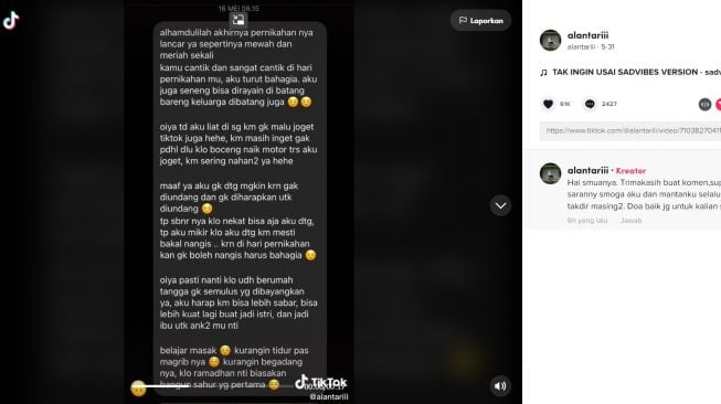 Viral kisah lelaki kirim pesan tak terduga ke mantannya (tiktok/alantariii)