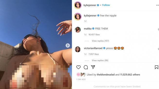 Kylie Jenner kembali menghebohkan publik dengan foto berbikini yang diwarnai motif puting (Instagram/kyliejenner)