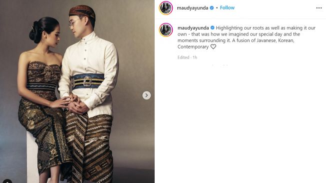 Maudy Ayunda pamer foto pengantin terbaru, penampilan Jesse Choi berhasil curi perhatian (Instagram/maudyayunda)
