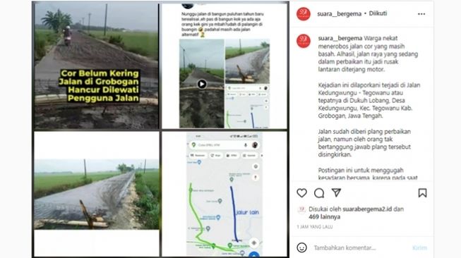 Jalan di Grobogan, Jawa Tengah akhirnya diperbaiki setelah puluhan tahun, justru langsung diterobos pengendara sepeda motor waktu cor-coran masih basah sampai rusak lagi. (Instagram/@suara__bergema)