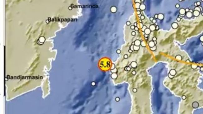 Gempa dengan magnitudo (M) 5,8 mengguncang Provinsi Sulawesi Barat pada Rabu, (8/6/2022) sekitar pukul 12.32 WIB. [Foto : Istimewa/Twitter @infoBMKG]