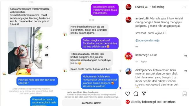 Foto tangkap layar calon pelakor chat istri sah di Facebook (Instagram/ @andreli_48).