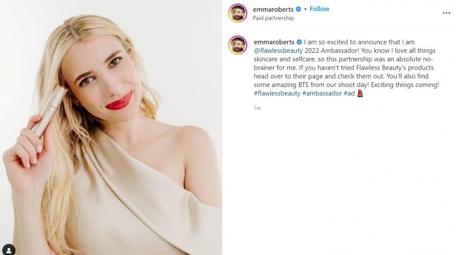 Emma Roberts ungkap tips skincare rutin yang ia lakukan, yang melibatkan banyak keringat (Instagram/emmaroberts)