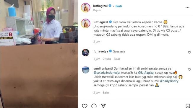 Lutfi Agizal mendatangi restoran di mana ia memesan nasi goreng, namun ada kecoa di makanan tersebut. [Instagram]