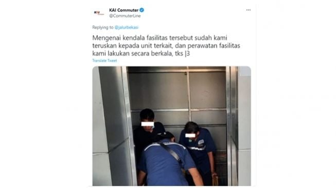 Akun resmi KAI Commuter memastikan lift dan eskalator Stasiun Cakung dirawat berkala. (Twitter/@CommuterLine)