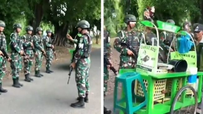 Momen Unik! Penjual Es Dawet Santai Lewati TNI Bersenjata yang Sedang Berbaris, Warganet Salut