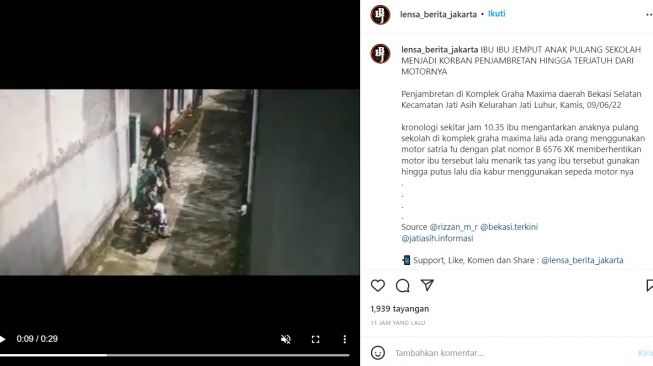 Viral, Ibu-ibu Antar Anak Pulang Sekolah Dijambret sampai Terjatuh dari Motor di Bekasi