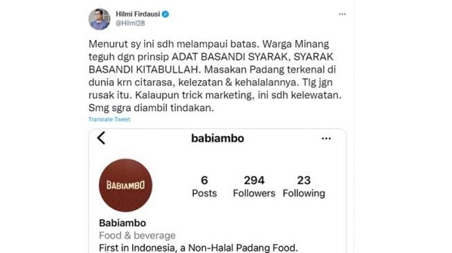 Tangkapan layar unggahan Ustaz Hilmi Firdausi soal masakan Padang non halal. [Twitter/Ustaz Hilmi Firdausi]