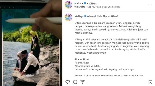 Curhat istri Ridwan Kamil, Atalia Praratya yang bersyukur karena jasad putranya, Emmeril Kahn Mumtadz alias Eril masih utuh. [Instagram]