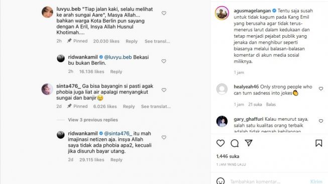 Ridwan Kamil membalas komentar warganet dengan guyonan. [Instagram]