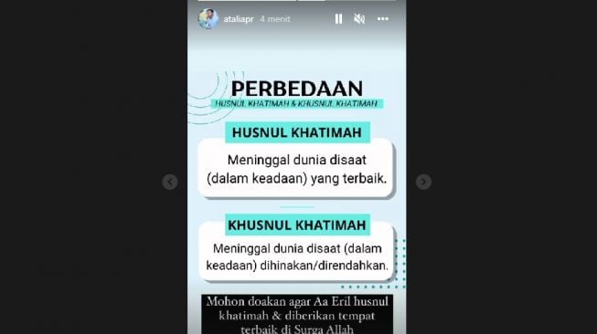 Ibunda Emmeril Kahn Mumtadz atau Eril, Atalia Praratya mengunggah perbedaan husnul khatimah dan khusnul khatimah. [Instagram @ataliapr]