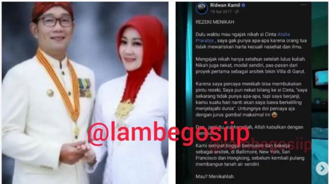 Postingan lawas Ridwan Kamil berisi curhatan saat menikahi Atalia Praratya viral (Instagram/ @lambegosiip).