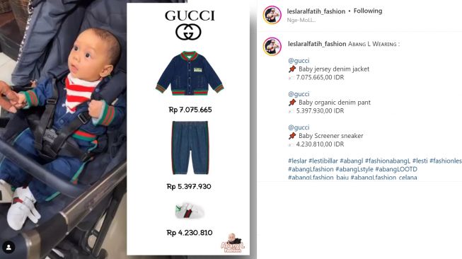 Outfit Baby L yang dibuat dari brand serba Gucci yang harganya mahal (Instagram/leslaralfatih_fashion)