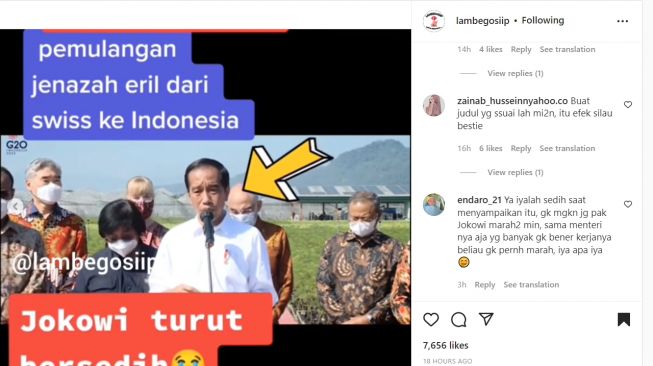 Wajah Jokowi jadi sorotan publik saat tanggapi soal kepulangan Eril, putra Ridwan Kamil ke Indonesia (Instagram/ @lambegosiip).