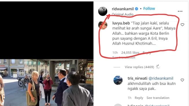 Ridwan Kamil balas komentar warganet yang typo Bern jadi Berlin (Instagram/ @ridwankamil).