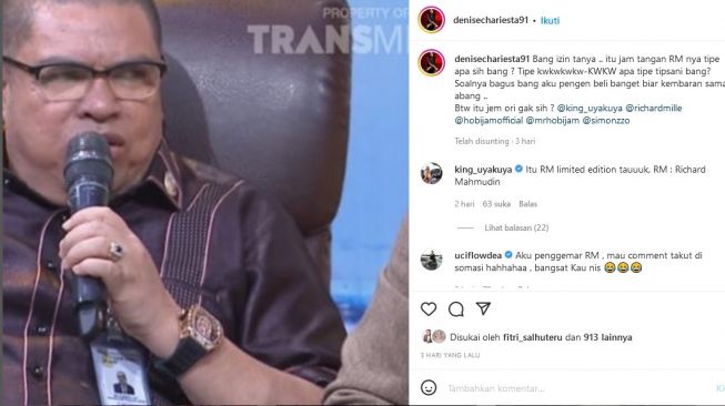 Denise Chariesta mempertanyakan keaslian jam tangan Razman Arif Nasution. [Instagram]