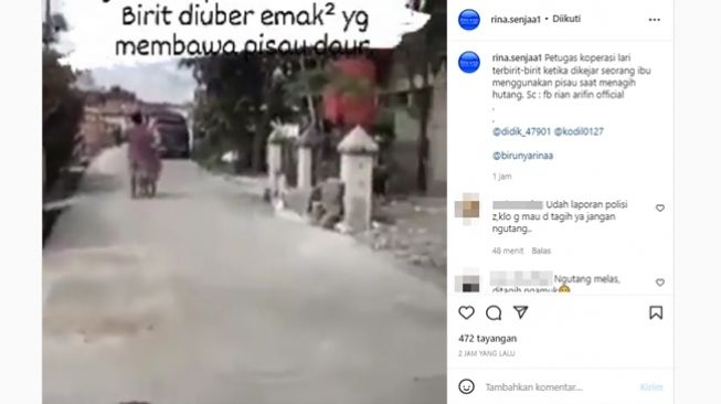 Petugas koperasi kabur gegara dikejar ibu-ibu membawa pisau diduga ngamuk akibat ditagih utang. (Instagram/@rina.senjaa1)