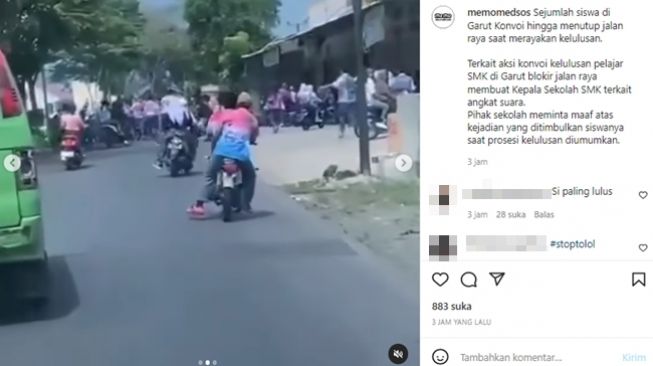 Siswa-siswi SMK di Garut konvoi kelulusan sambil geber-geber motor sampai tutup jalan. (Instagram/@memomedsos)