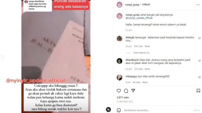 Unggahan soal Marissya Icha [Instagram/@rumpi_gosip]