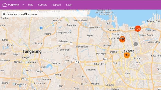 Peta dengan kuallitas udara, Purpleair.