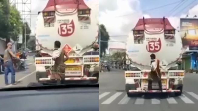 Viral Video Pria Diduga ODGJ Bergelantung di Truk Tanki Pertamina yang Sedang Melaju