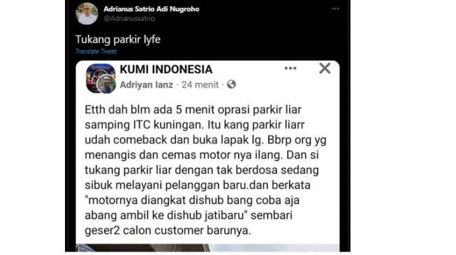 Tukang parkir liar tak bertanggung jawab, motor customer diangkut Dishub pura-pura tak tahu (Twitter)