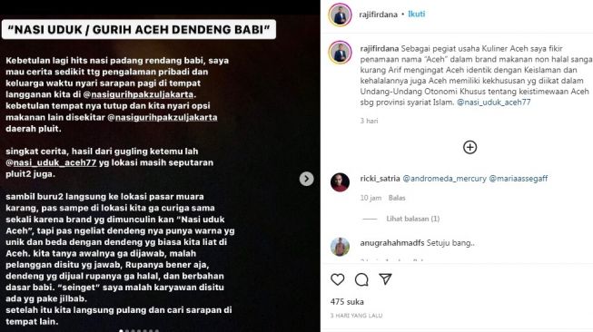 Akun @rajifirdana menceritakan pengalamannya terkait nasi uduk Aceh yang menjual menu dendeng babi. [Instagram]