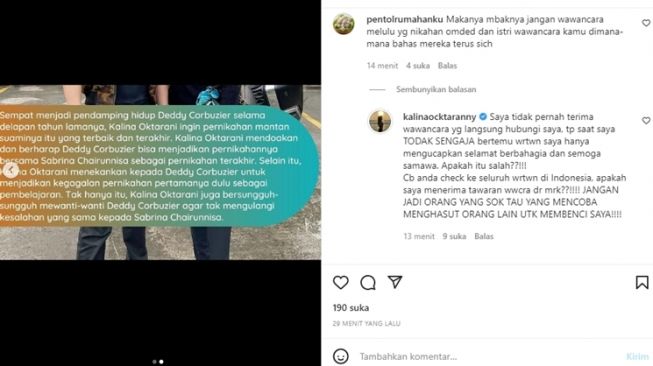 Kalina Oktarani geram disebut mewanti-wanti Deddy Corbuzier soal rumah tangganya dengan Sabrina Chairunnisa. [Instagram]