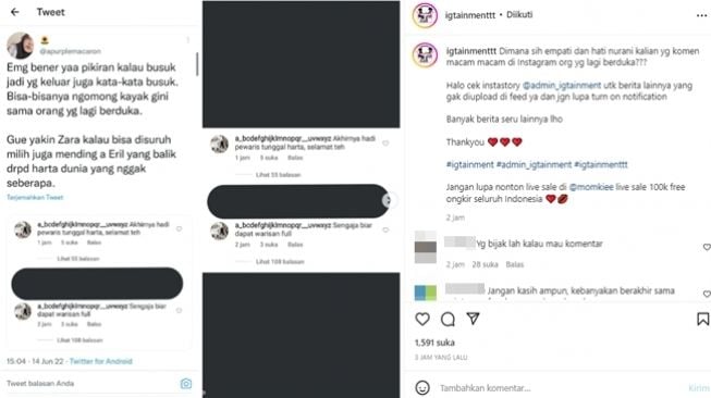 Warganet ucapkan selamat dan singgung soal warisan untuk Zara adik Eril. (Instagram/@igtainmenttt)