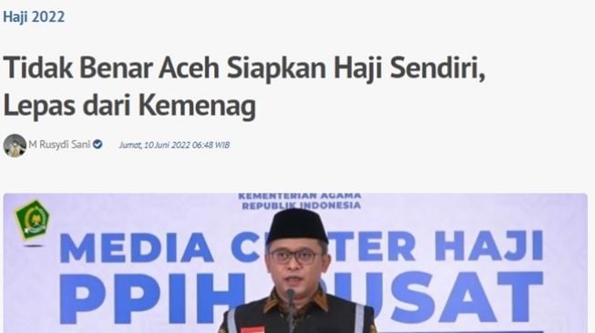 Tangkapan layar artikel klarifikasi pemberitaan Aceh persiapkan haji secara terpisah dari Kementerian Agama. (kemenag.go.id)