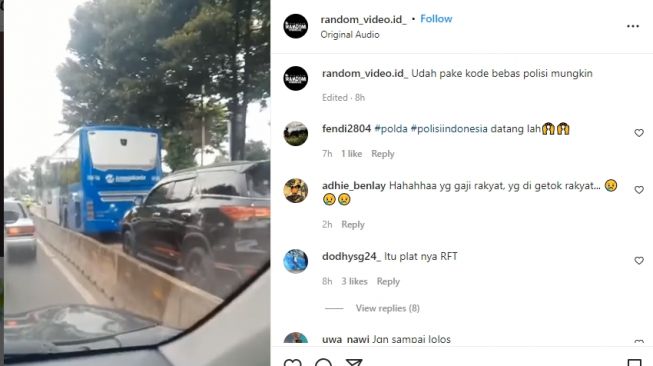 Toyota Fortuner lolos dari tilang meski melintas di jalur busway (Instagram)