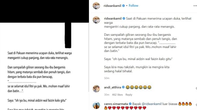 Gubernur Jawa Barat Ridwan Kamil membagikan momen lucu saat menerima ibu-ibu datang bertakziah untuk almarhum Emmeril Kahn Mumtadz. [Instagram]