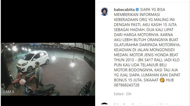 Honda BeAT Babe Cabita digondol maling tak dikenal (Instagram)