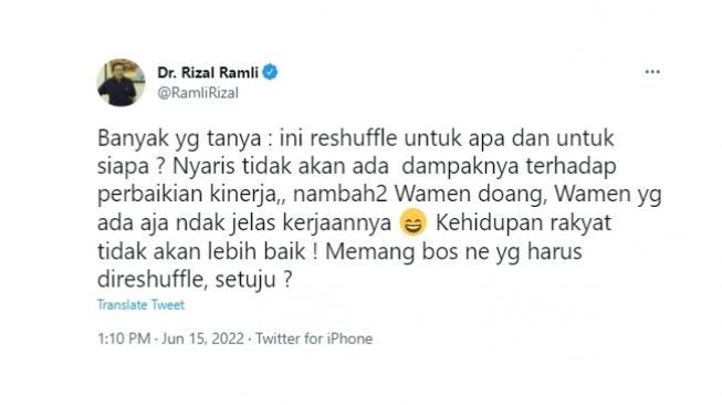 Kata Rizal Ramli soal reshuffle Kabinet Indonesia Maju oleh Jokowi hari ini. (Twitter/@RamliRizal)