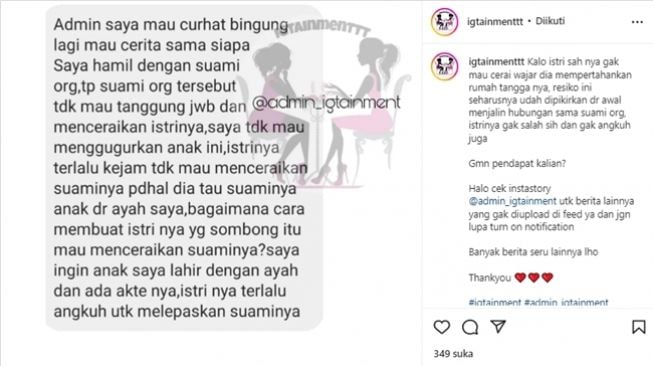 Wanita curhat sedang mengandung anak dari suami orang, kini protes karena istri sah tidak mau bercerai. (Instagram/@igtainmenttt)