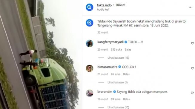 Bocah nekat mengadang truk di jalan tol diduga demi konten. (Instagram/@fakta.indo)