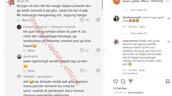 Aksi Nabila Ishma yang bersimpuh di depan jenazah Eril tuai pro dan kontra (Instagram/ @nyinyir_update_official).