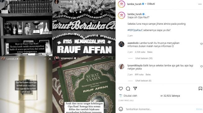 Unggahan soal artis yang menuliskan ucapan duka cita. [Instagram/@lambe_turah]