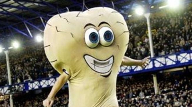 Maskot Everton, Mr. Testicles yang dihadirkan untuk pengingat terkait kanker. [Twitter@Mollow]