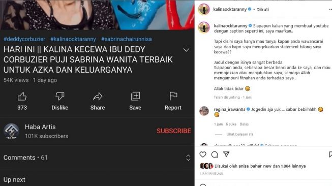 Kalina Oktarani kembali dibuat geram oleh judul salah satu akun YouTube yang memojokkan dirinya. [Instagram]