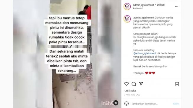 Wanita curhat harus bongkar rumah karena mertua mengotot minta pintu dikembalikan. (Instagram/@admin_igtainment)