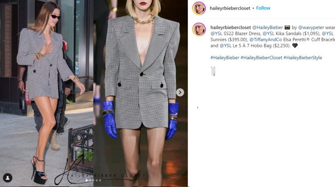 Gaya Hailey Biber yang terlihat seksi ketika jalan-jalan hanya kenakan blazer dan heels (Instagram/haileybiebercloset)