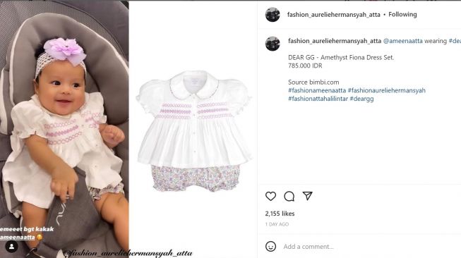 Foto: Intip OOTD Baby Ameena Serba Putih, Tumben Harganya di Bawah Rp1 juta (instagram/fashion_aureliehermansyah_atta)