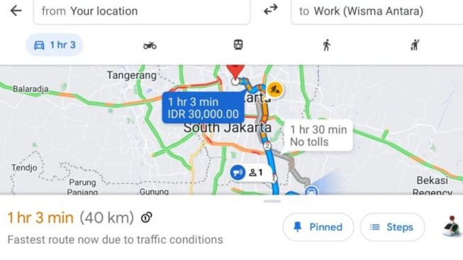 Tangkapan layar Google Maps yang menampilkan estimasi biaya jalan tol. [Dok.Antara]