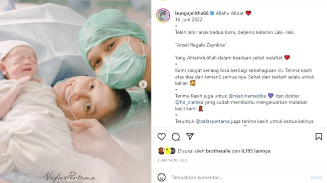 Bunga Jelitha bersama anak keduanya yang baru lahir [Instagram/@bungajelitha66]