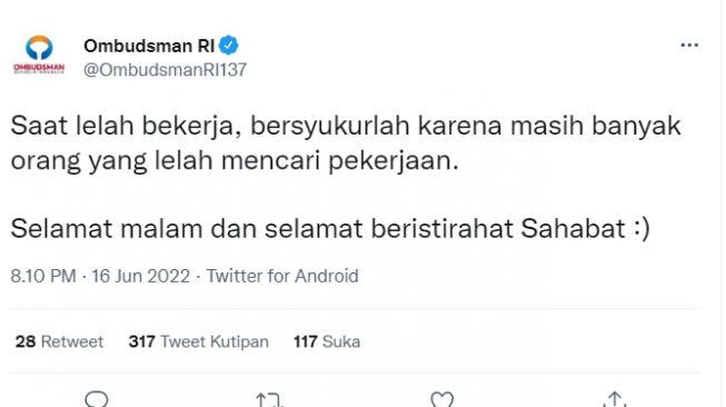 Cuitan Twitter OmbudsmanRI137 dibanjiri kritikan warganet (Twitter/ @OmbudsmanRI137).