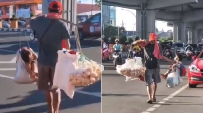 Momen Perjuangan Ayah Jalan Kaki Panggul Dagangan dan Anak Sekaligus, Ramai Didoakan