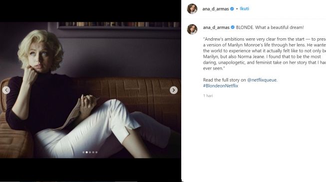 Ana de Armas saat memerankan Marilyn Monroe (instagram/ana_d_armas)