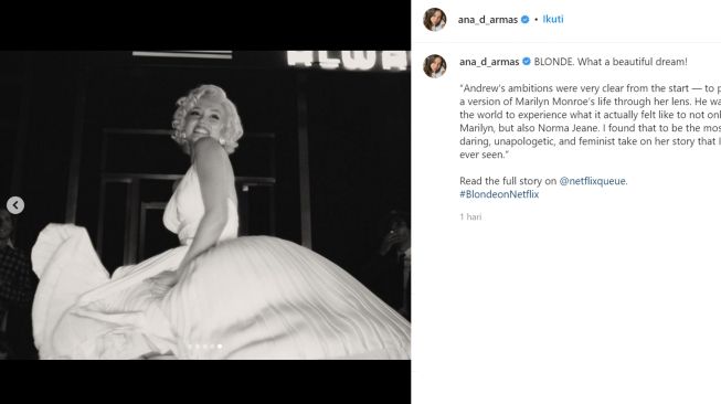 Ana de Armas saat memerankan Marilyn Monroe (instagram/ana_d_armas)